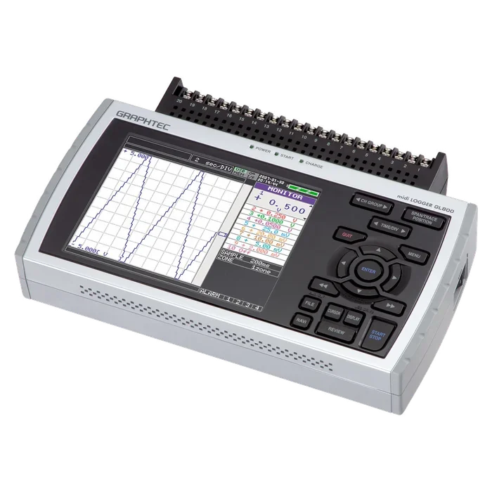 Registrador Graphtec midi LOGGER GL800: caja de sobremesa con pantalla en color, teclado y regleta de bornes de entrada en la parte trasera.