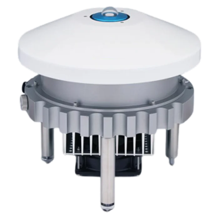 Espectrorradiómetro EKO MS-713: cúpula blanca con ventana óptica azul sobre un cuerpo de aletas de refrigeración.